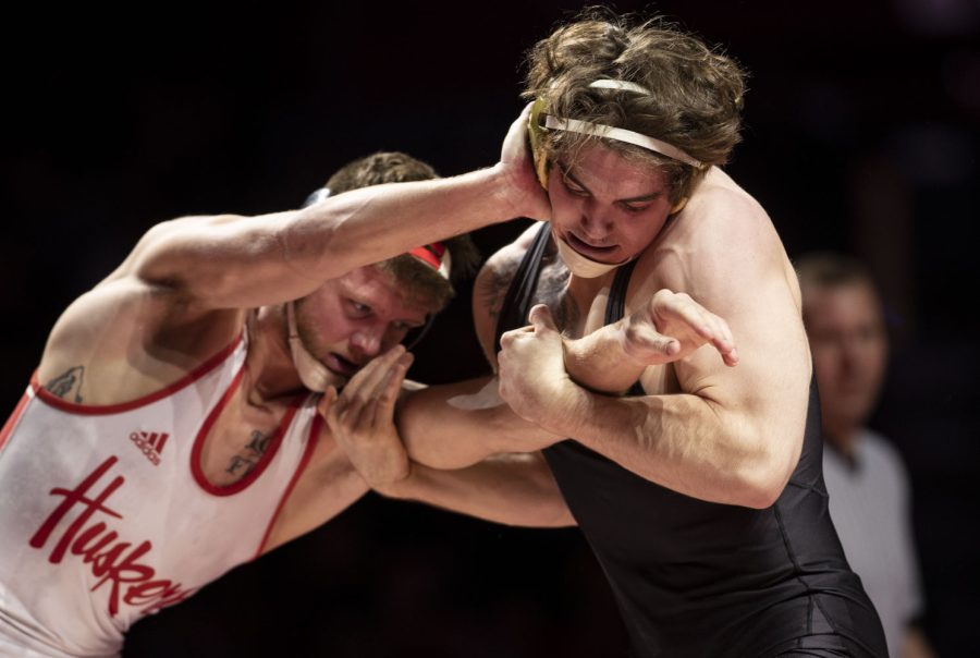 Iowa’s No. 16 184-pound Abe Assad wrestles Nebraska’s No. 20 Taylor Venz during a wrestling dual between No. 2 Iowa and No. 10 Nebraska at the Bob Devany Center in Lincoln, NE on Sunday, Feb 20, 2022. Venz pinned Assad. The Hawkeyes defeated the Cornhuskers 20-15 in their final regular season dual.