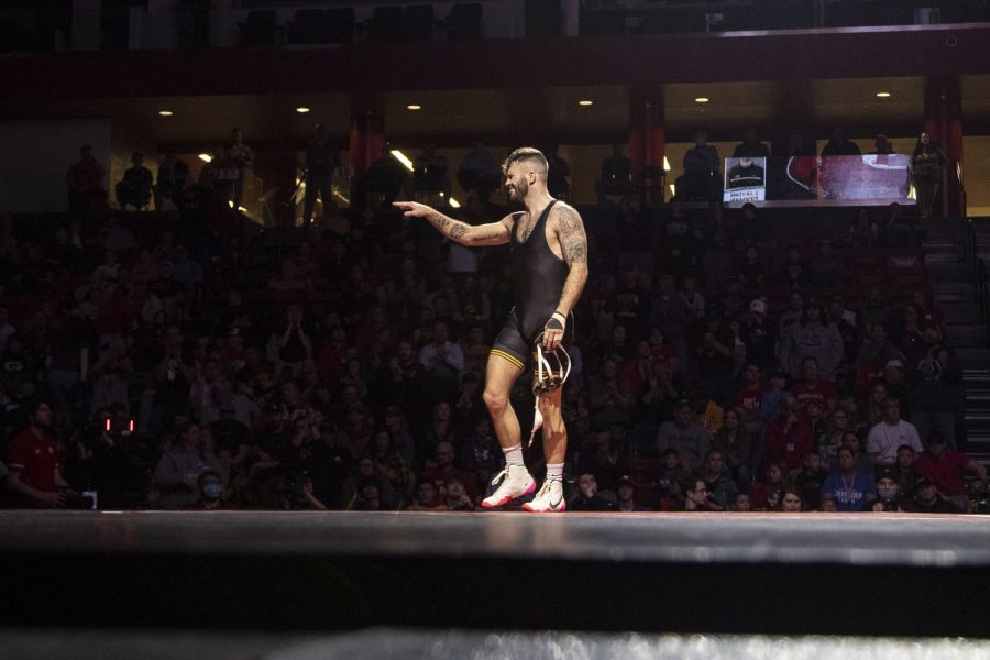 Iowa’s 141-pound No. 2 Jaydin Eierman waves to the crowd after a match with Nebraska’s No. 10 Chad Red Jr. during a wrestling dual between No. 2 Iowa and No. 10 Nebraska in Bob Devaney Center in Lincoln, NE on Sunday, Feb. 20, 2022. Eierman defeated Red, 6-3, by decision. The Hawkeyes defeated the Cornhuskers 20-15.