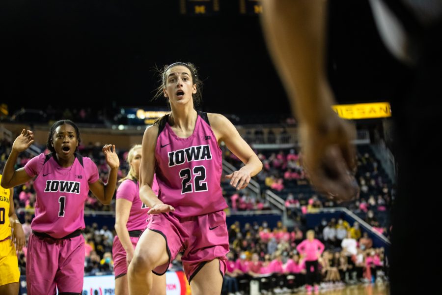 Iowa guard Caitlin Clark looks for a foul from the referee during a womens basketball game between Iowa and Michigan at Crisler Center in Ann Arbor, Michigan, on Sunday, Feb. 6, 2022. Clark drew 10 fouls. The Wolverines beat the Hawkeyes, 98-90.