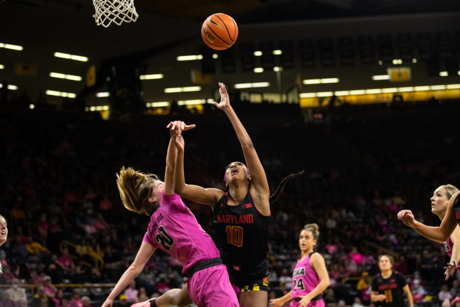 Forward Angel Reese shoots the ball during a basketball game between No. 22 Iowa and No. 13 Maryland at Carver-Hawkeye Arena in Iowa City on Monday, Feb. 14, 2022. The Terrapins beat the Hawkeyes 81-69. 