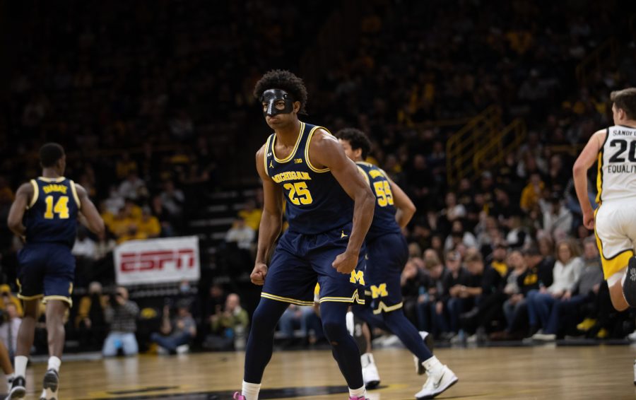 Michigan guard Jace Howard celebrates during a men’s basketball game between Iowa and Michigan at Carver-Hawkeye Arena on Thursday, Feb. 18, 2022. Howard recorded two points. The Wolverines defeated the Hawkeyes, 84-79.