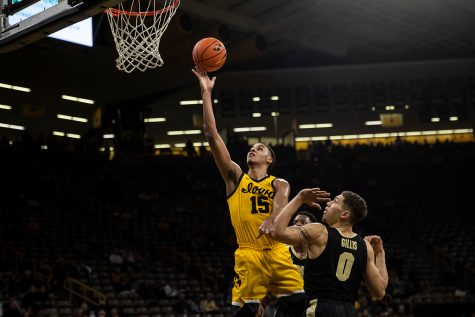 Iowa forward Keegan Murray goes up for a layup during a basketball game between Iowa and No. 6 Purdue at Carver-Hawkeye Arena in Iowa City on Thursday, Jan. 27, 2022. The Boilermakers defeated the Hawkeyes, 83-73. Murray shot 4-11 in field goals.