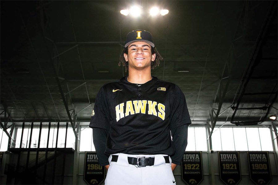 Iowa pitcher Marcus Morgan poses for a photo during the Hawkeyes NCAA college baseball media day, Thursday, Feb. 10, 2022, at the University of Iowa Indoor Practice Facility in Iowa City, Iowa.