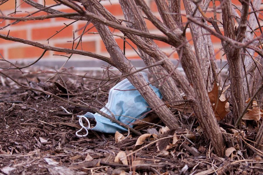 A disposable mask is seen on the University of Iowa campus in Iowa City on Feb. 10, 2022. Due to an increasing amount of disposable masks being found on campus, the Undergraduate Student Government looks towards more sustainable solutions. 