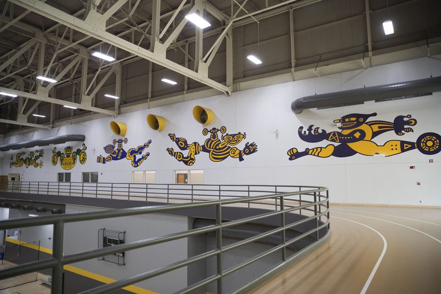 A mural is seen inside The University of Iowa Field House building in Iowa City on Feb. 21, 2022. The mural can be seen from the fourth floor track or the first floor courts.