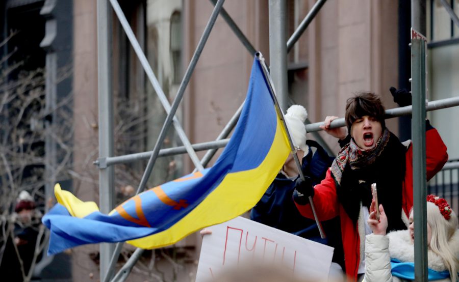 Several hundred protestors opposed to the Russian invasion gather near the Russian consulate in Manhattan Feb. 24, 2022. The protestors were enraged over Russias invasion of Ukraine. (Seth Harrison/The Journal News)