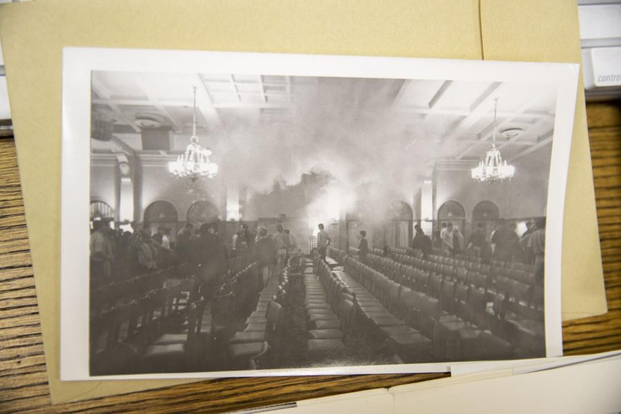 A picture from 1969 showing University of Iowa Students protesting the Vietnam War inside of the Iowa Memorial Union while being teargassed is seen in the State Historical Society of Iowa archive at the State Historical Society Research Center in Iowa City on Wednesday, Feb. 2, 2022. 