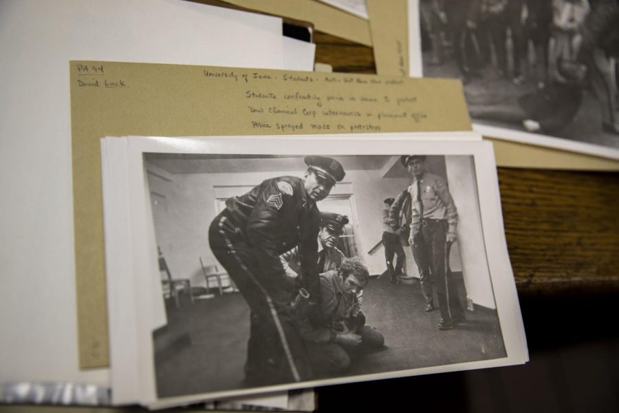 A picture showing a University of Iowa student protesting the Vietnam War being dragged out of the Iowa Memorial Union by a police officer is seen in the State Historical Society of Iowa archive at the State Historical Society Research Center in Iowa City on Wednesday, Feb. 2, 2022. 