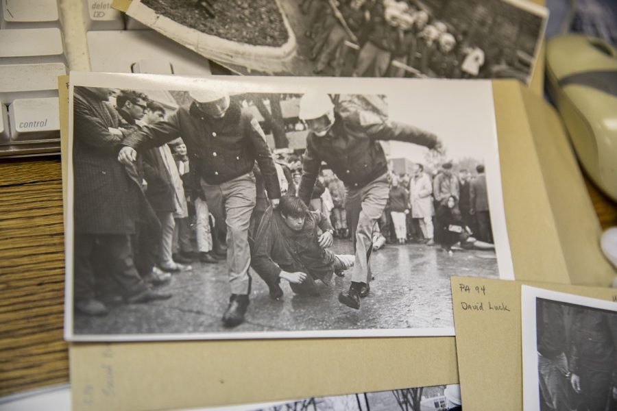 A picture showing a Vietnam War protester being dragged away by police on the University of Iowa campus is seen in the State Historical Society of Iowa archive at the State Historical Society Research Center in Iowa City on Wednesday, Feb. 2, 2022..