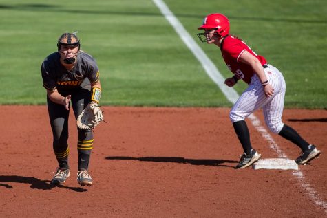 Iowa utility player Denali Loecker prepares for a catch during a softball game between Iowa and Nebraska at Pearl Field on Friday, May 7, 2021. The Hawkeyes defeated the Huskers, 1-0.