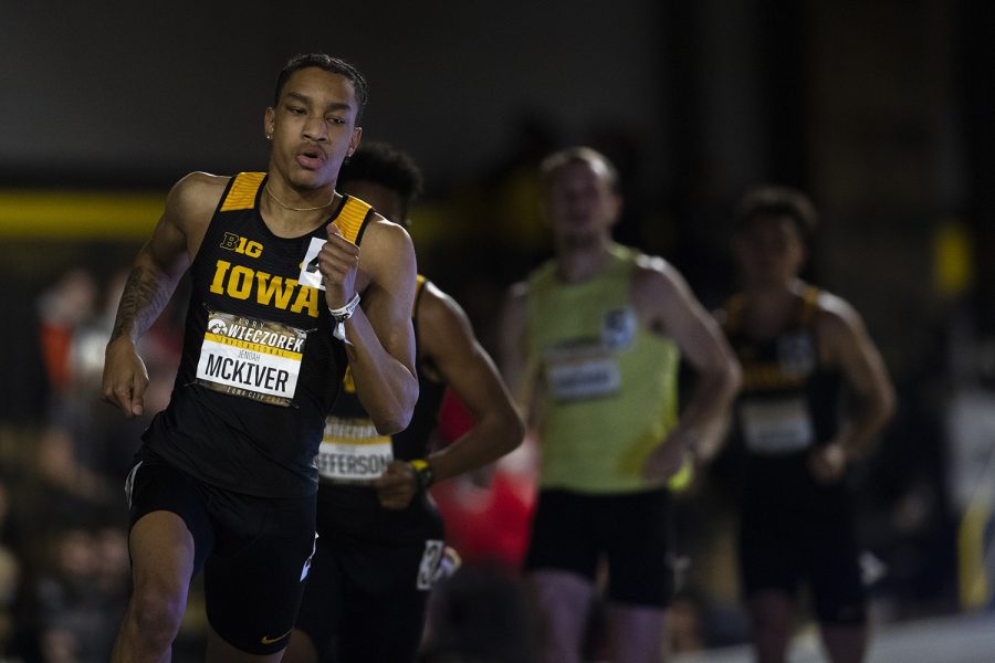 Iowas Jenoah McKiver leads the pack during the mens 600-meter premiere run at the 2022 Larry Wieczorek Invitational track and field meet at the University of Iowa Recreation building on Friday, Jan. 21, 2022. McKiver placed first with a time of 1:16.08, setting a school record, a meet record, and a facility record. The Larry Wieczorek Invitational hosted Baylor, Gonzaga, Mount Mercy, the University of Northern Iowa, Purdue, Wartburg and the University of Wisconsin.