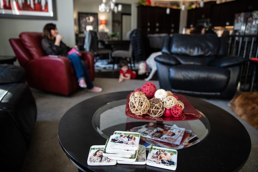 Coasters of Dale and Juli Wirtjes' family sit at their house in Cedar Rapids, IA on Saturday, Feb. 12, 2022. Juli and Dale have been married for almost 40 years. 