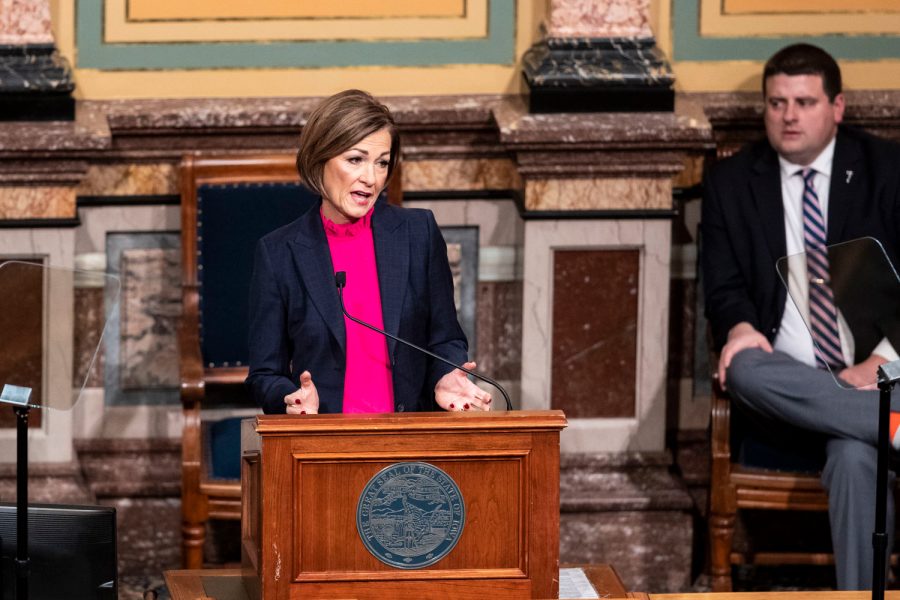 Iowa Governor Kim Reynolds delivers the Condition of the State Address at the Iowa State Capitol in Des Moines, Iowa, on Tuesday, Jan. 11, 2022. During the State Address, Reynolds spoke about childcare, Iowa teachers, material taught in schools, unemployment, tax cuts, and more.