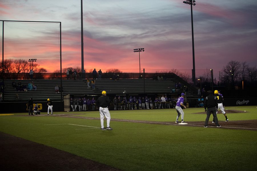 The sun sets over Duane Banks fields during a baseball game at Duane Banks Field on March 2, 2022.The Hawkeyes defeated the Rams, 8-0.
