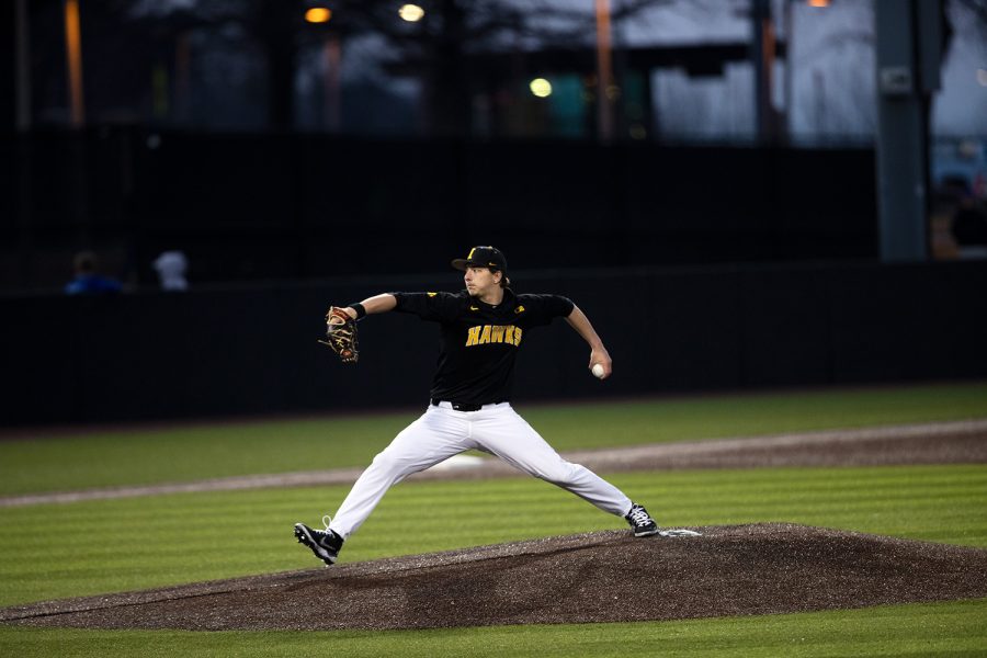 Iowa pitcher Benjamin Detaeye throws a pitch during a baseball game at Duane Banks Field on March 2, 2022.The Hawkeyes defeated the Rams, 8-0. Detaeye had three strikeouts in one inning against the Cornell Rams.