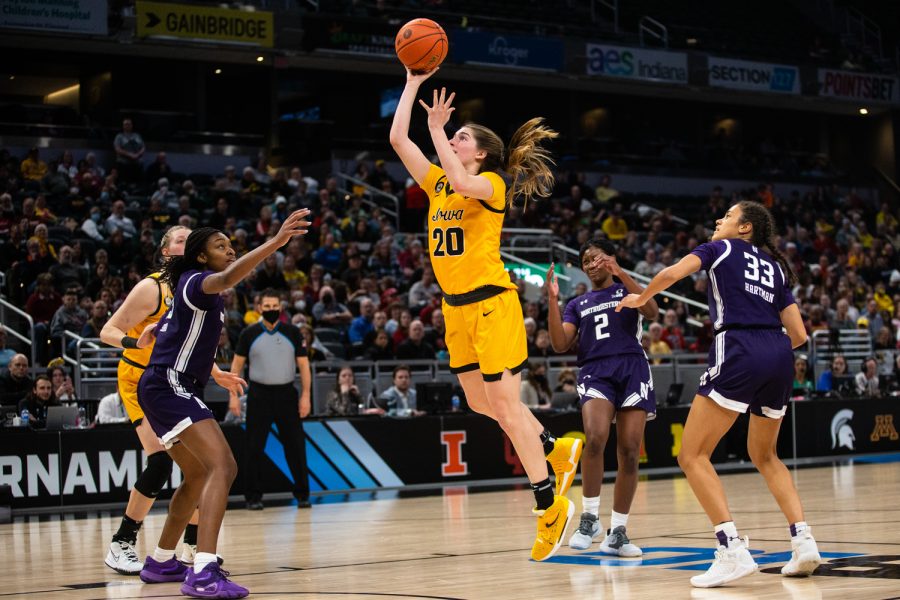 Iowa guard Kate Martin shoots the ball during a basketball game between No. 2 Iowa and No. 7 Northwestern during the Big Ten Womens Basketball Tournament at Gainbridge Fieldhouse in Indianapolis, IN, on Friday, March 4, 2022. Martin earned five rebounds. The Hawkeyes beat the Wildcats 72-59.