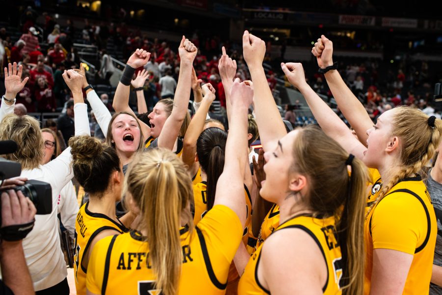Iowa celebrates after a basketball game between No. 2 Iowa and No. 6 Nebraska during the Big Ten Womens Basketball Tournament at Gainbridge Fieldhouse in Indianapolis, IN, on Saturday, March 5, 2022. The Hawkeyes beat the Cornhuskers 83-66.