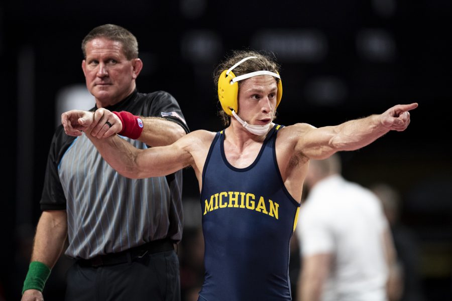 Michigan’s No. 1 Nick Suriano celebrates after defeating Purdue’s No. 5 Devin Schroder during the Big Ten Wrestling Championships at Pinnacle Bank Arena in Lincoln, Neb., on Saturday, March 5, 2022.