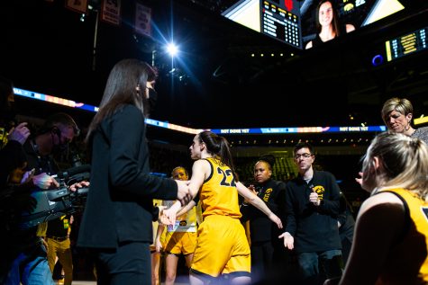Iowa guard Caitlin Clark enters a basketball game between No. 2 Iowa and No. 5 Indiana during the Big Ten Womens Basketball Tournament Championship Game at Gainbridge Fieldhouse in Indianapolis on Sunday, March 6, 2022. Clark earned 18 points. The Hawkeyes beat the Hoosiers 74-67.