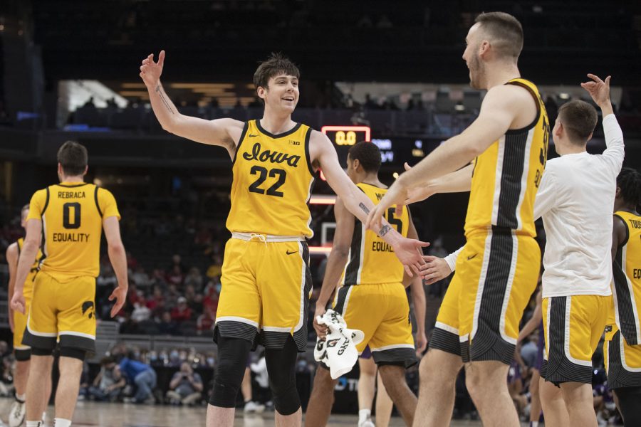 Iowa+forward+Patrick+McCaffery+goes+to+hug+guard+Connor+McCaffery+during+a+men%E2%80%99s+basketball+game+between+No.+5+Iowa+and+No.+12+Northwestern+in+the+Big+Ten+Basketball+Tournament+at+Gainbridge+Fieldhouse+in+Indianapolis+on+Thursday%2C+March+10%2C+2022.+The+Hawkeyes+defeated+the+Wildcats%2C+112-76.+The+McCaffery+brothers+combined+for+15+points.
