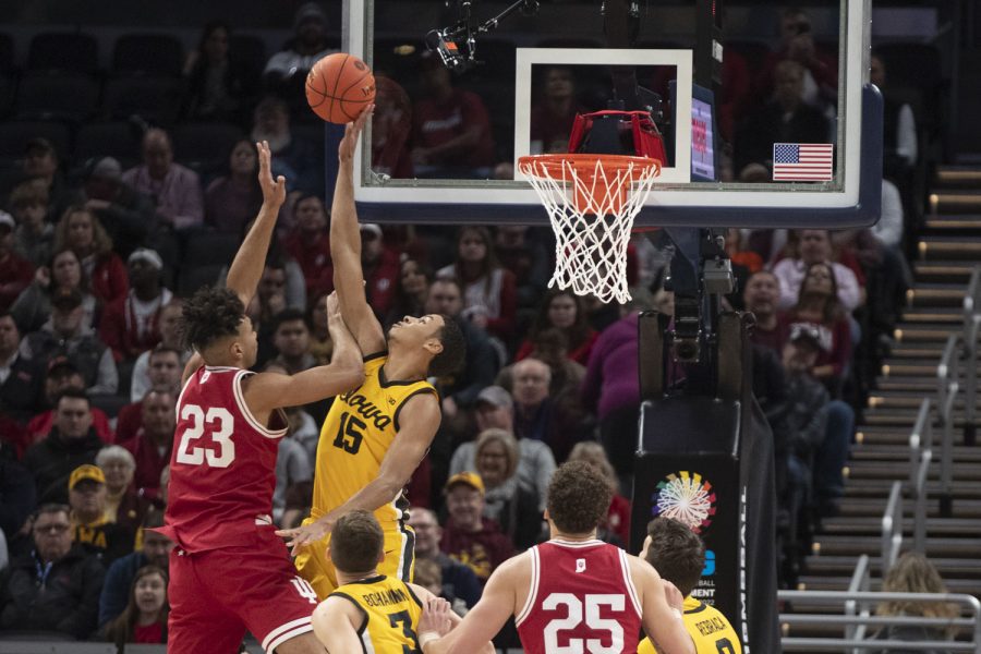 Iowa+forward+Keegan+Murray+blocks+a+shot+during+a+men%E2%80%99s+basketball+game+between+No.+5+Iowa+and+No.+9+Indiana+in+the+Big+Ten+Basketball+Tournament+Semifinals+at+Gainbridge+Fieldhouse+in+Indianapolis+on+Saturday%2C+March+12%2C+2022.+Murray+led+the+team+with+2+blocks.+The+Hawkeyes+defeated+the+Hoosiers%2C+80-77.