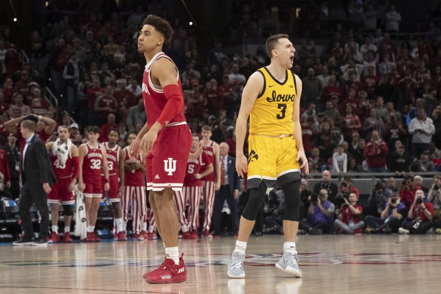Iowa+guard+Jordan+Bohannon+celebrates+a+3-pointer+during+a+men%E2%80%99s+basketball+game+between+No.+5+Iowa+and+No.+9+Indiana+in+the+Big+Ten+Basketball+Tournament+Semifinals+at+Gainbridge+Fieldhouse+in+Indianapolis+on+Saturday%2C+March+12%2C+2022.+The+Hawkeyes+defeated+the+Hoosiers%2C+80-77.++Bohannon+scored+12+points%2C+shooting+a+3-pointer+in+the+final+seconds+of+the+game+to+put+Iowa+in+the+lead.+%28Dimia+Burrell%2FThe+Daily+Iowan%29