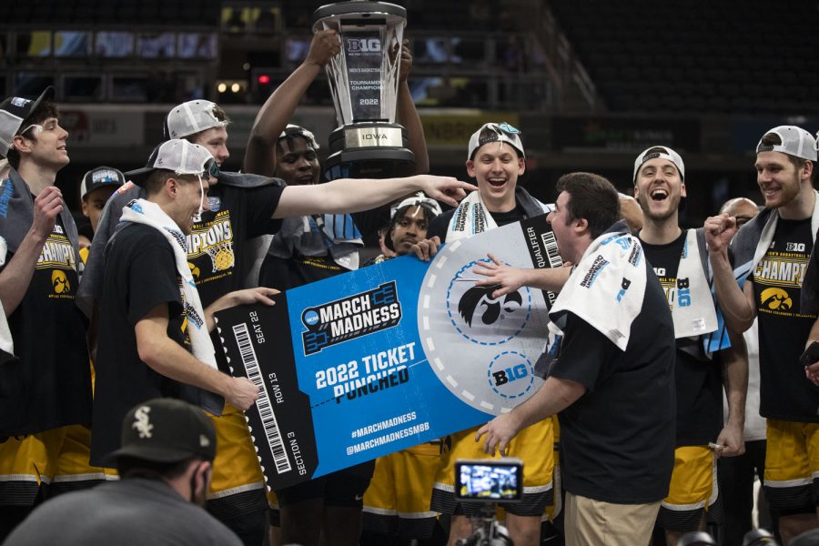 Iowa celebrates their ticket to the 2022 NCAA Tournament after the 2022 Big Ten Men’s Basketball Championship between No. 5 Iowa and No. 3 Purdue at Gainbridge Fieldhouse in Indianapolis on Sunday, March 13, 2022. The Hawkeyes defeated the Boilermakers, 75-66.