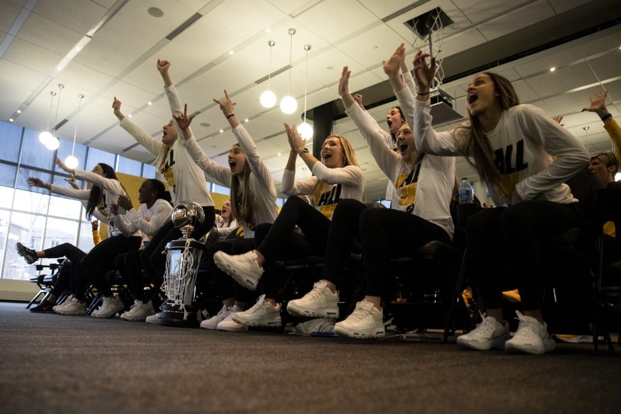 Iowa women’s basketball reacts after being selected as a No. 2 seed during a NCAA Tournament Selection Sunday watch party at Carver-Hawkeye Arena in Iowa City on Sunday, March 13, 2022. Iowa will matchup with Illinois State on Friday in Iowa City.