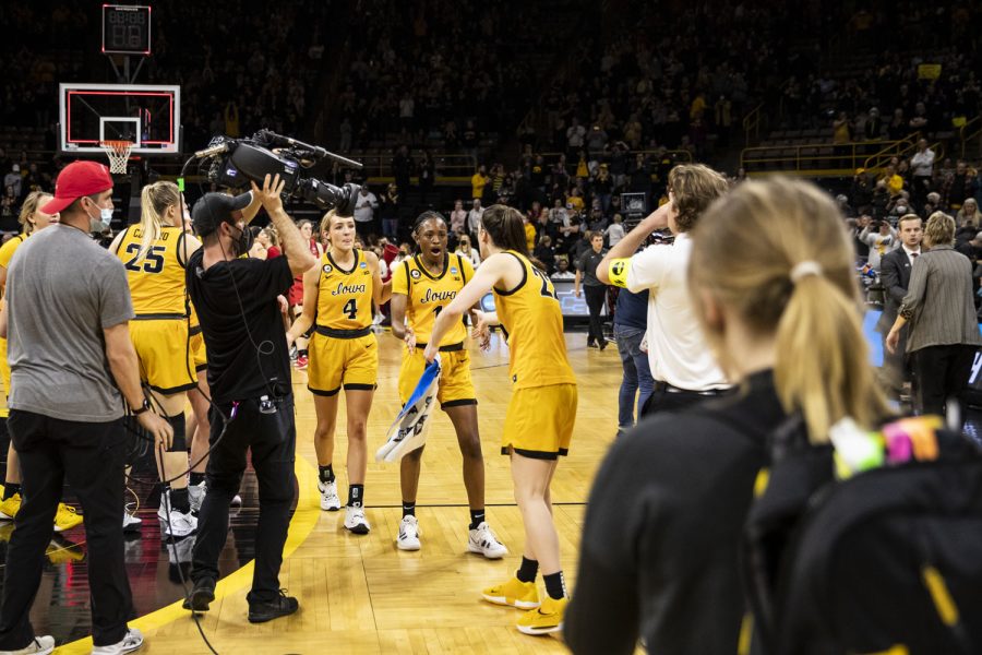 Iowa celebrates after a First Round NCAA women’s basketball tournament game against No. 2 Iowa and No. 15 Illinois State in sold-out Carver-Hawkeye Arena on Friday, March 18, 2022. The Hawkeyes defeated the Redbirds, 98-58, advancing themselves to the second round of the tournament.
