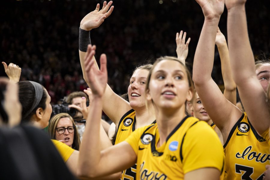 Iowa waves to fans after a First Round NCAA women’s basketball tournament game against No. 2 Iowa and No. 15 Illinois State in sold-out Carver-Hawkeye Arena on Friday, March 18, 2022. The Hawkeyes defeated the Redbirds, 98-58, advancing themselves to the second round of the tournament.