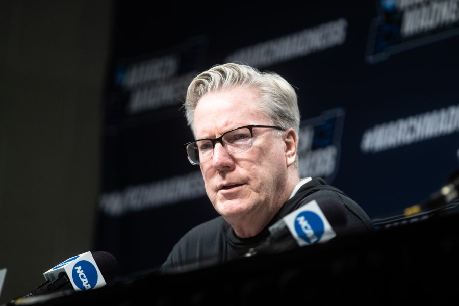 Iowa head coach Fran McCaffery responds to a journalists question during a press conference at KeyBank Center in Buffalo, N.Y., on Wednesday, March 16, 2022. He [Jacob Gilyard] seemingly is all over the place, and guys that play that way, sometimes they get burned. He doesnt seem to get burned at all. The Iowa Hawkeyes face the Richmond Spiders at the first round of the NCAA Mens Basketball Championship Tournament on Thursday, March 17, 2022.