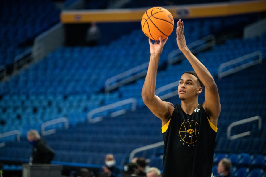 Iowa forward Keegan Murray shoots the ball during a practice at KeyBank Center in Buffalo, N.Y., on Wednesday, March 16, 2022. The Iowa Hawkeyes face the Richmond Spiders at the first round of the NCAA Mens Basketball Championship Tournament on Thursday, March 17, 2022.