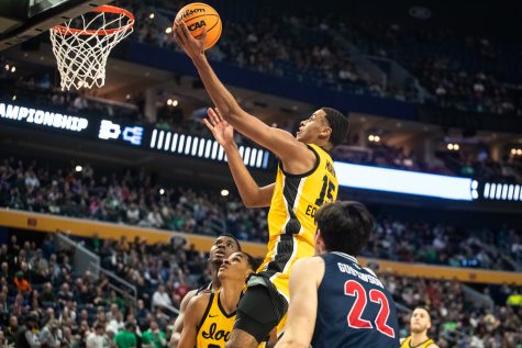 Iowa forward Keegan Murray shoots the ball during the first round of the NCAA Mens Championship between the Iowa Hawkeyes and the Richmond Spiders at KeyBank Center in Buffalo, N.Y., on Thursday, March 17, 2022. Murray earned 21 points. The Richmond Spiders beat the Iowa Hawkeyes 67-63.