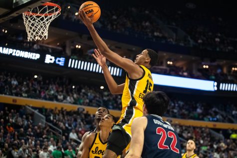 Iowa forward Keegan Murray shoots the ball during the first round of the NCAA Mens Championship between the Iowa Hawkeyes and the Richmond Spiders at KeyBank Center in Buffalo, N.Y., on Thursday, March 17, 2022. Murray earned nine rebounds. The Spiders beat the Hawkeyes, 67-63.