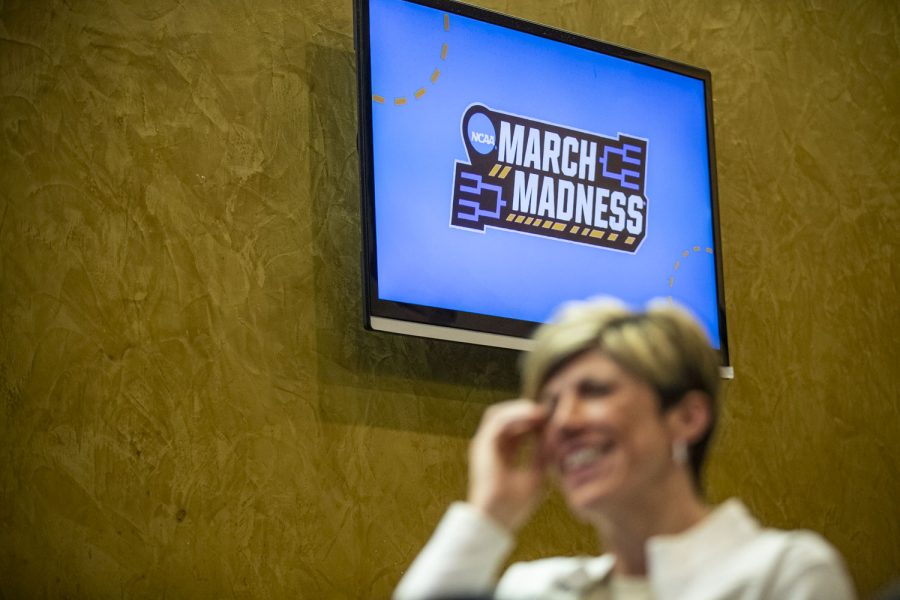 Iowa associate head coach Jan Jensen smiles at head coach Lisa Bluder during the 2022 NCAA First Round women’s basketball pre-game press conferences and open practices at Carver-Hawkeye Arena on Thursday, March 17, 2022. Illinois State head coach Kristen Gillespie said the game will be a difficult matchup for the Redbirds. “Heck, why not try to go toe-to-toe with one of the best teams in the country?”