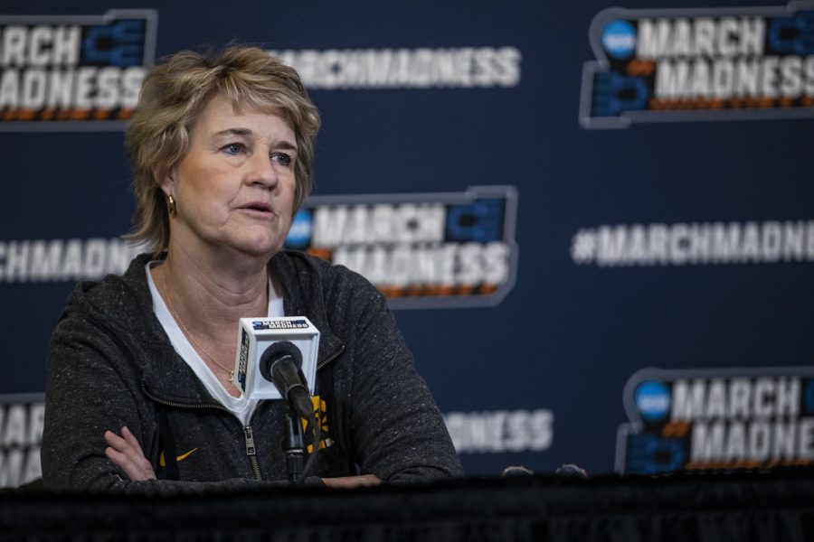 Iowa head coach Lisa Bluder answers a question during the 2022 NCAA Second Round women’s basketball pre-game press conferences for No. 2 Iowa and No. 10 Creighton at Carver-Hawkeye Arena on Saturday, March 19, 2022. Bluder said she is, in some ways, grateful for COVID-19 because it helped amplify inequity between men’s and women’s basketball. “What [COVID-19] did is put us all together and put one kid with a social media out there to get this ball rolling in the right direction.” Bluder said there is still much to accomplish for women’s sports.