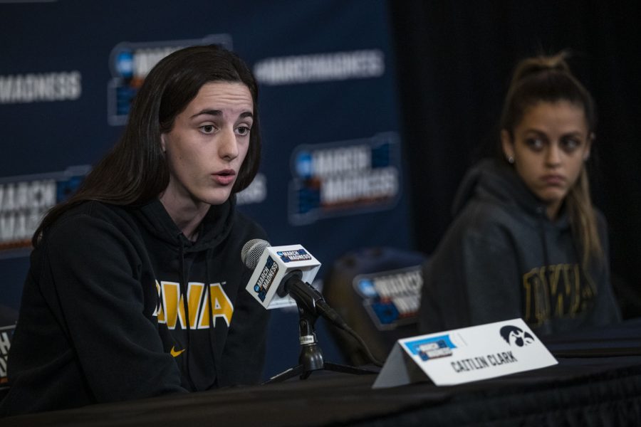 Iowa guard Caitlin Clark speaks during the 2022 NCAA Second Round women’s basketball pre-game press conferences for No. 2 Iowa and No. 10 Creighton at Carver-Hawkeye Arena on Saturday, March 19, 2022. Clark said there is no bad blood between Iowa and Creighton guard Lauren Jensen. “Shes had a tremendous year for
Creighton,” Clark said. “Its been fun getting to follow her success.”