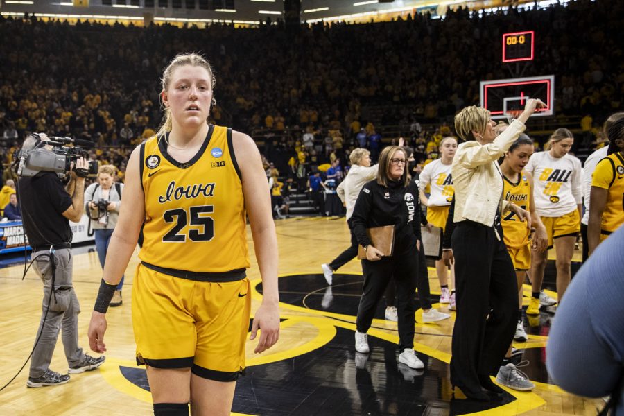 Iowa center Monika Czinano walks off the court after a 2022 NCAA Second Round women’s basketball game between No. 2 Iowa and No. 10 Creighton in sold-out Carver-Hawkeye Arena on Sunday, March 20, 2022. The Bluejays defeated the Hawkeyes, 64-62, advancing to the Sweet 16 for the first time in program history.