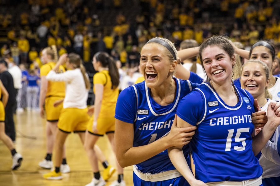 Creighton celebrates their win after a 2022 NCAA Second Round women’s basketball game between No. 2 Iowa and No. 10 Creighton in sold-out Carver-Hawkeye Arena on Sunday, March 20, 2022. The Bluejays defeated the Hawkeyes, 64-62, advancing to the Sweet 16 for the first time in program history.