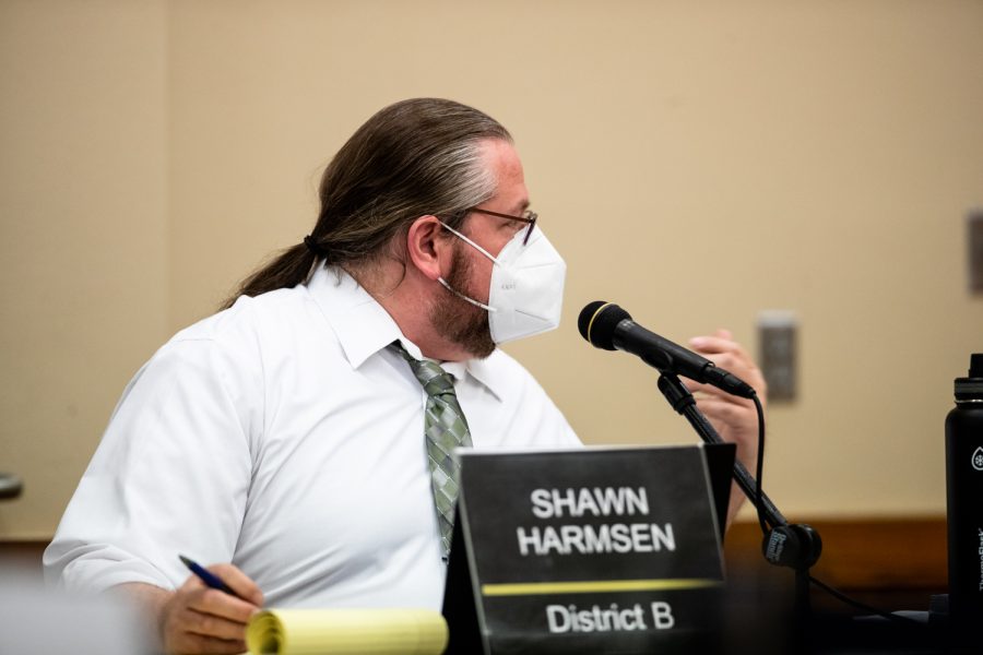 City councillor Shawn Harmsen speaks at an Iowa City City Council meeting at the Senior Center in Iowa City on Tuesday, Feb. 1, 2022.  