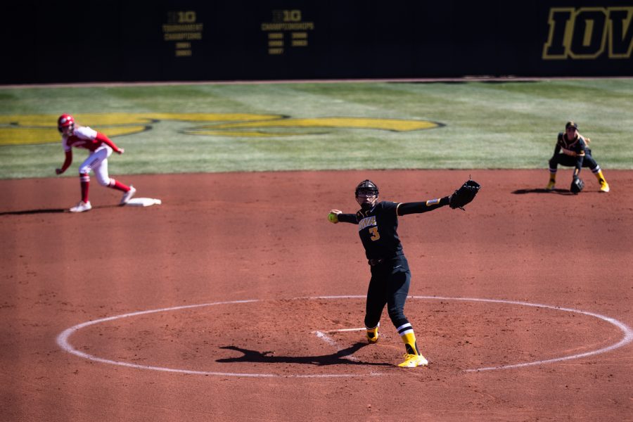 Iowa pitcher Breanna Vasquez winds up a pitch during a softball game between Iowa and Wisconsin at Bob Pearl Field in Iowa City on Sunday, March 27, 2022. Vasquez pitched for all seven innings. The Badgers beat the Hawkeyes, 9-3. 