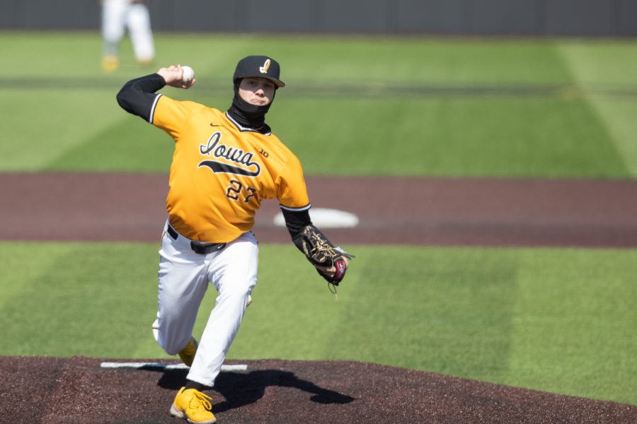 Iowa starting pitcher Ty Langenberg throws a pitch during a baseball game between Iowa and Central Michigan at Duane Banks Field on Sunday, March 27, 2022. Langenberg finished the game with seven strikeouts. The Hawkeyes defeated the Chippewas 4-2.