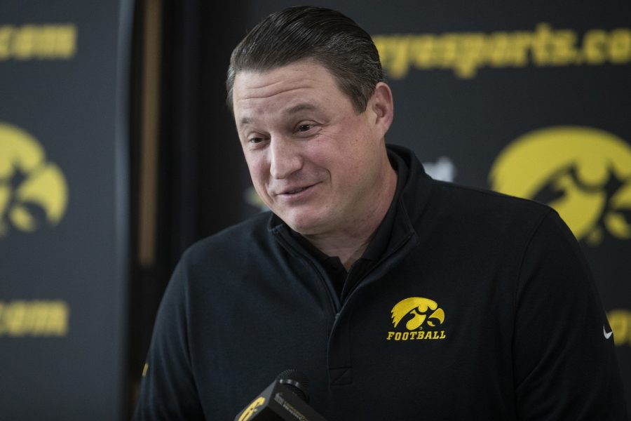 Iowa+offensive+coordinator+and+quarterback+coach+Brian+Ferentz+speaks+with+media+during+a+press+conference+for+Iowa+football+at+the+Hansen+Football+Performance+Center+in+Iowa+City+on+Wednesday%2C+March+30%2C+2022.+