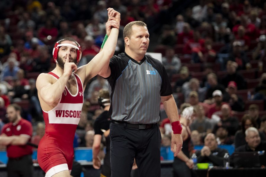 Wisconsin’s No. 3 Eric Barnett celebrates a match during session one of the Big Ten Wrestling Championships at Pinnacle Bank Arena in Lincoln, Neb., on Saturday, March 5, 2022. Gomez defeated Iowa’s No. 6 Drake Ayala in a 125-pound match, 4-3.