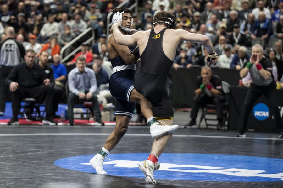 Penn+States+No.+1+Roman+Bravo-Young+attempts+to+take+down+Iowas+No.+5+Austin+DeSanto+during+session+four+at+the+NCAA+Wrestling+Championships+at+Little+Caesars+Arena+in+Detroit%2C+Mich.%2C+on+Friday%2C+March+18%2C+2022.+DeSanto+entered+the+match+having+already+lost+to+Bravo-Young+twice+on+the+season.+Bravo-Young+defeated+DeSatno+by+decision+in+a+133-pound+match%2C+3-2.