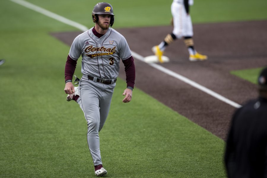 Central Michigan centerfielder Robby Morgan IV runs toward home during a baseball game between Iowa and Central Michigan at Duane Banks Field in Iowa City on Friday, March 25, 2022. The Hawkeyes defeated the Chippewas, 7-4.