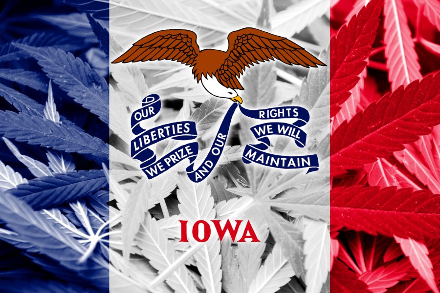 Iowa State Flag on cannabis background. Drug policy. Legalization of marijuana
