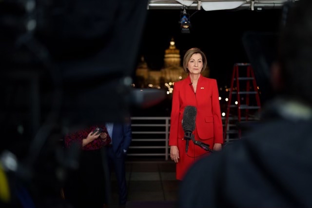 Gov. Kim Reynolds stands in front of the Iowa Capitol to deliver the Republican response to President Bidens State of the Union address. Contributed by Alex Murphy. 
