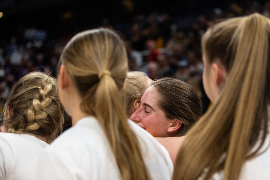 Iowa guard Kate Martin celebrates after a basketball game between No. 2 Iowa and No. 7 Northwestern during the Big Ten Womens Basketball Tournament at Gainbridge Fieldhouse in Indianapolis, IN, on Friday, March 4, 2022. The Hawkeyes beat the Wildcats 72-59. 
