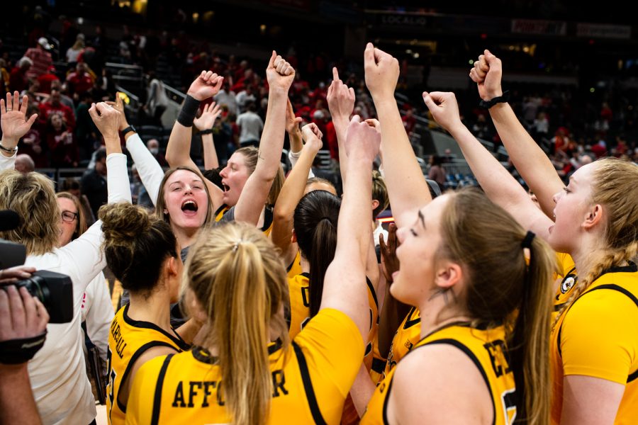 Iowa players celebrate after a basketball game between No. 2 Iowa and No. 6 Nebraska during the Big Ten Womens Basketball Tournament at Gainbridge Fieldhouse in Indianapolis, IN, on Saturday, March 5, 2022. The Hawkeyes beat the Cornhuskers 83-66.